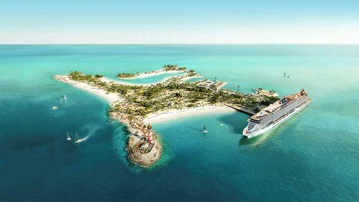 Flygfoto av en tropisk ö med stränder och ett kryssningsfartyg. (AI-genererad text)