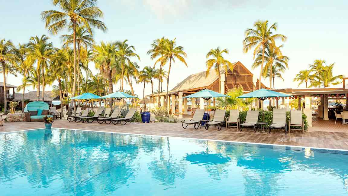 Poolområde med solstolar, parasoller och palmer i bakgrunden. (AI-genererad text)