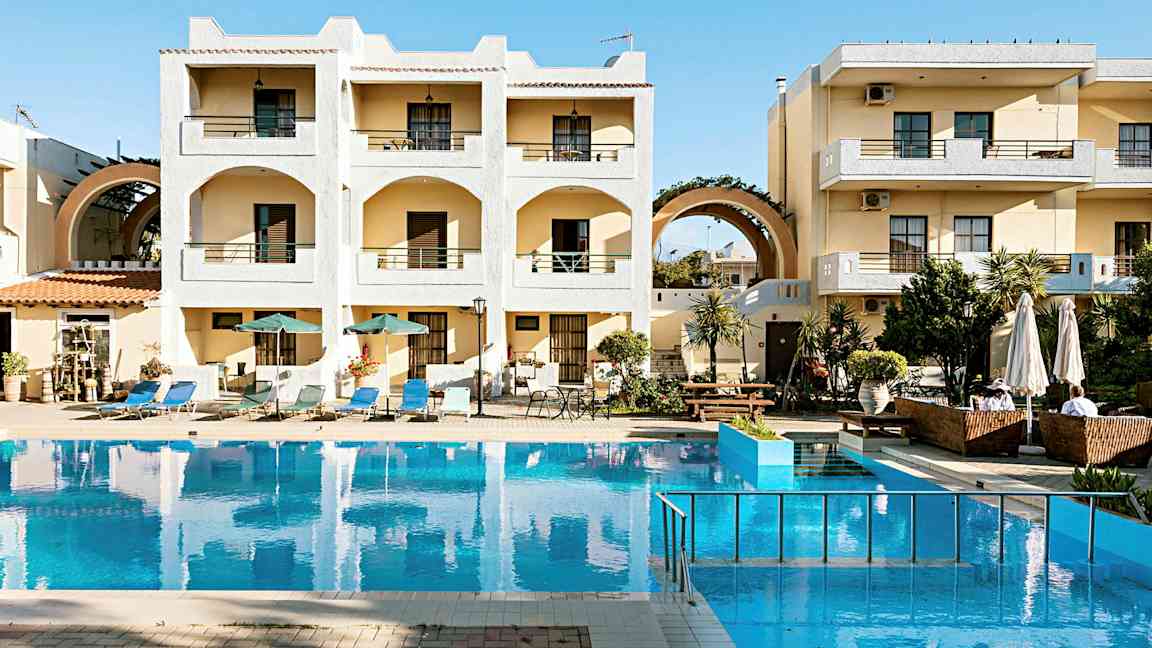 Ett hotellkomplex med balkonger och en pool framför byggnaden. Det finns solsängar och parasoller runt poolen. (AI-genererad text)