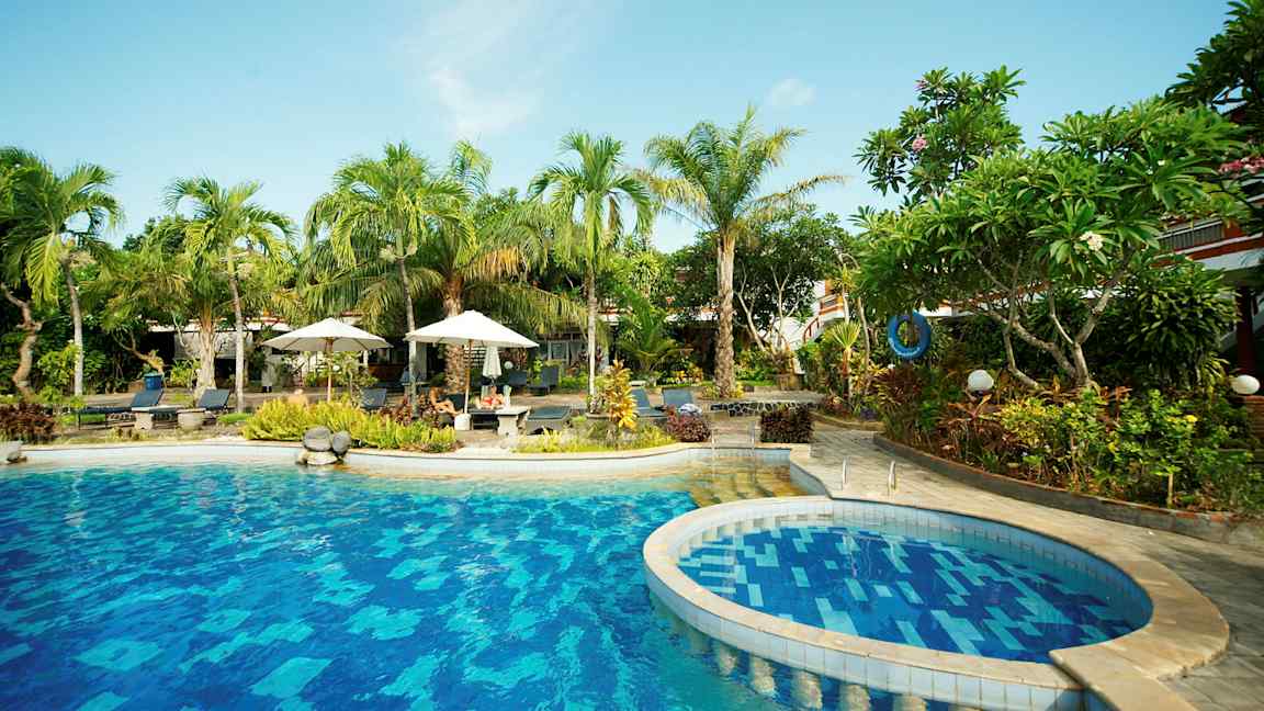 Bild av en utomhuspool omgiven av tropiska palmer och växter. (AI-genererad text)