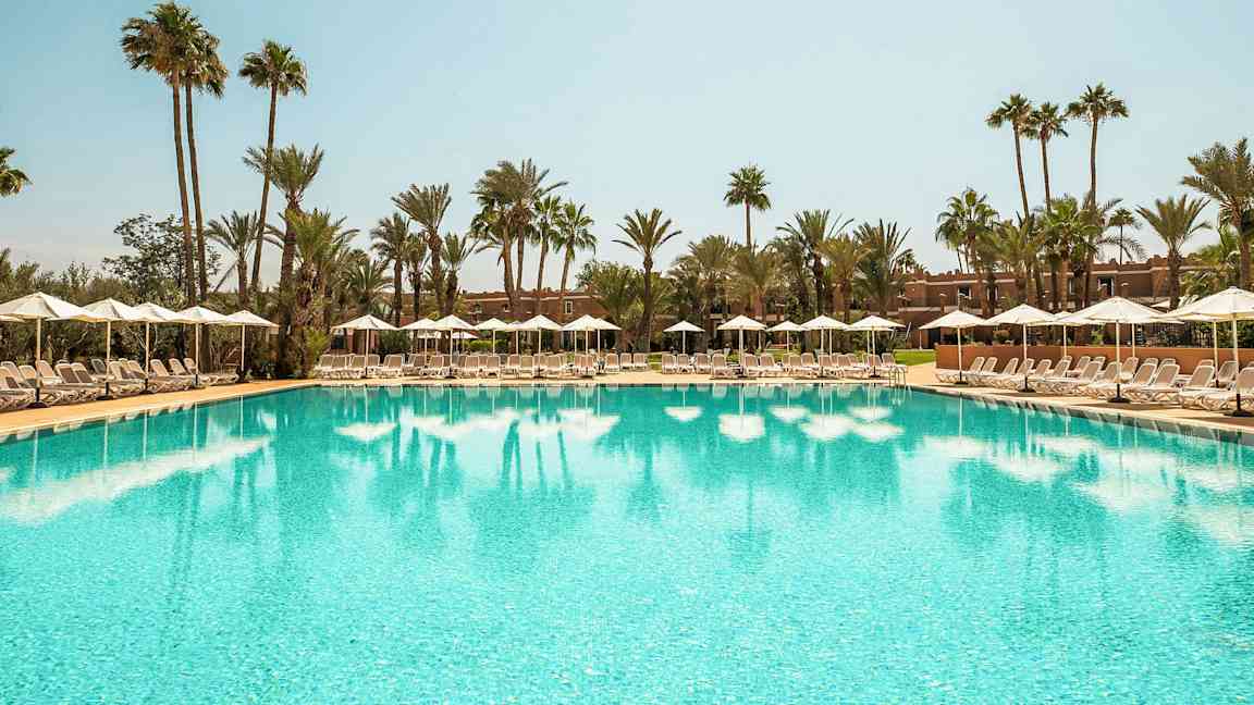 En stor pool omgiven av solstolar och paraplyer under en klar himmel med palmer i bakgrunden. (AI-genererad text)