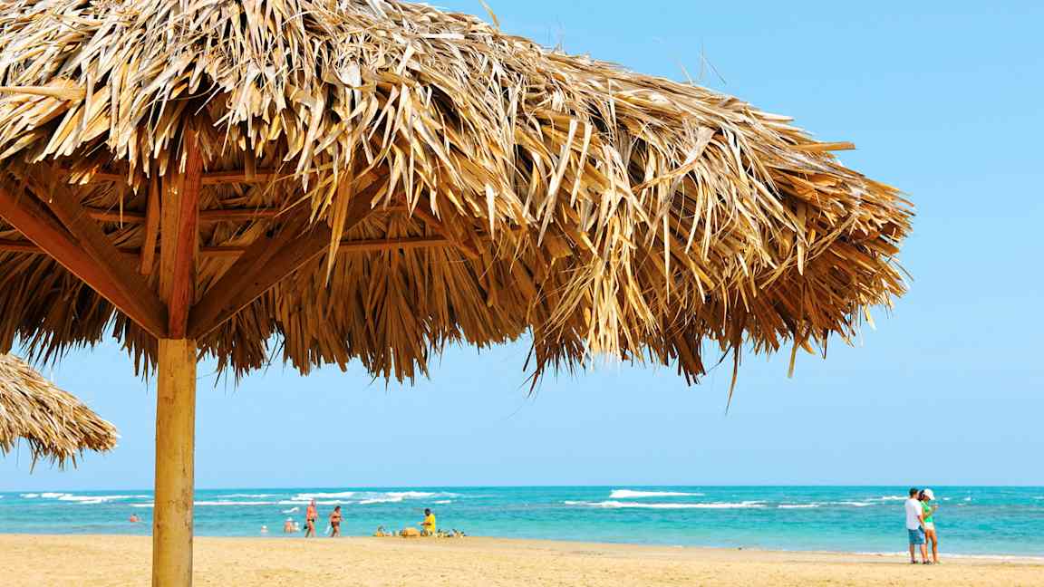 Strand med en parasoll av palmblad i förgrunden och människor på stranden vid havet. (AI-genererad text)