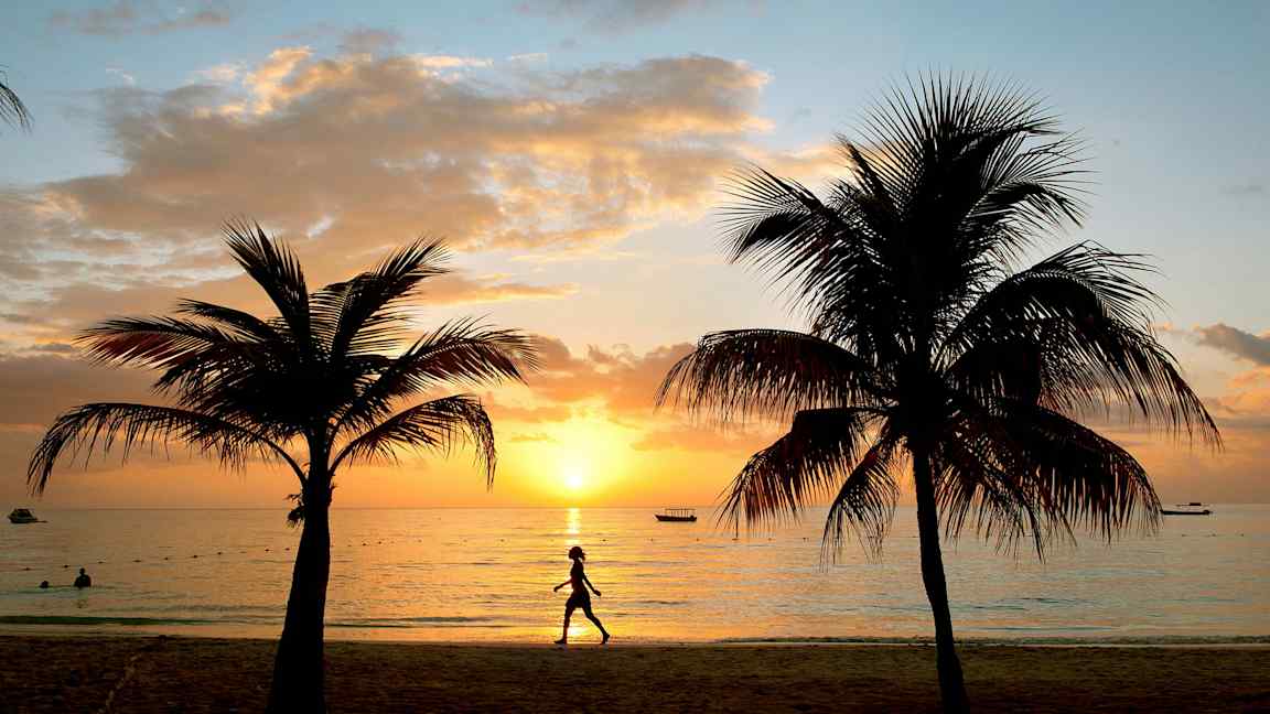 Solnedgång vid en strand med palmer och en person som promenerar. (AI-genererad text)