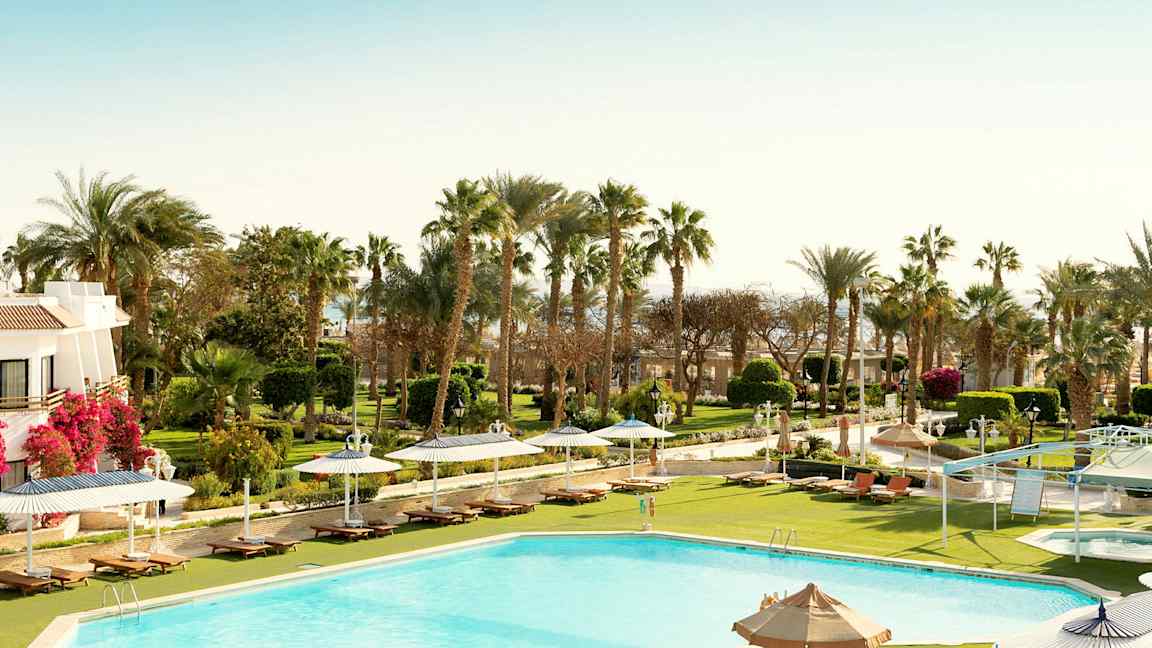 Pool med solstolar, parasoller och grönska i bakgrunden. (AI-genererad text)