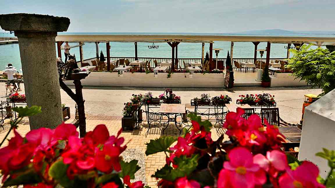 En strandnära terrass med bord och stolar som omges av blommor och utsikt över havet. (AI-genererad text)
