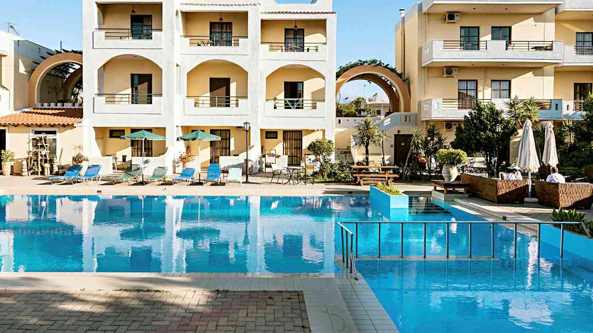 Ett hotellkomplex med balkonger och en pool framför byggnaden. Det finns solsängar och parasoller runt poolen. (AI-genererad text)