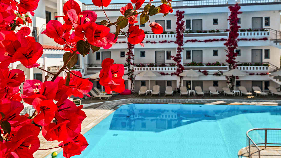 Blommande röda klätterväxter vid en byggnad med en pool framför. (AI-genererad text)