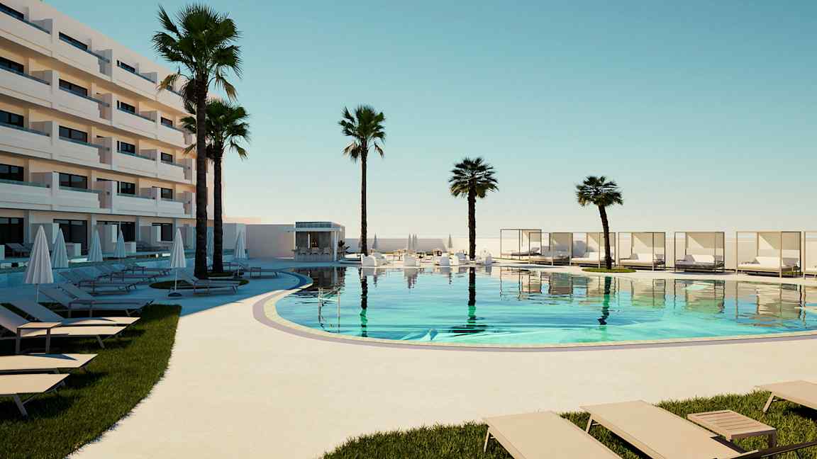 Modern hotellbyggnad med en pool omgiven av solstolar och palmer. (AI-genererad text)