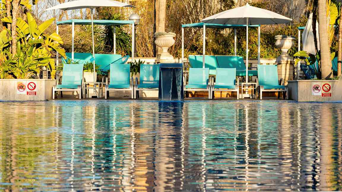 Solstolar vid en pool med parasoller och gröna växter i bakgrunden. (AI-genererad text)