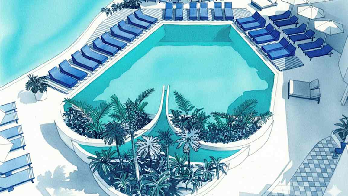 En utomhuspool omgiven av solstolar och parasoller samt gröna växter. (AI-genererad text)