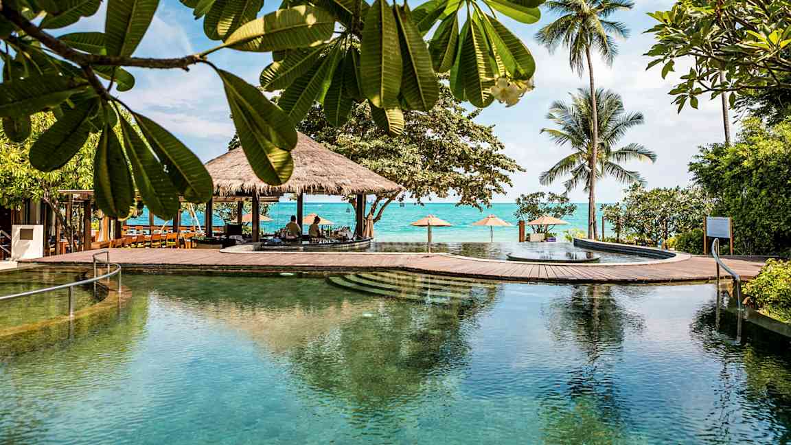 Stor pool vid en tropisk miljö med träd, palmer och havet i bakgrunden. (AI-genererad text)