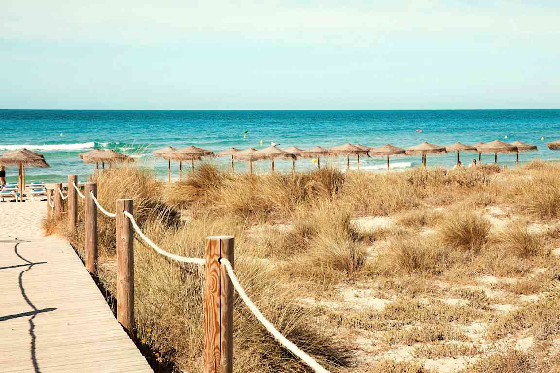 Strand med solstolar och halmtakade parasoller vid havet. En trädstig leder mot stranden genom sanddynor. (AI-genererad text)