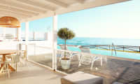 Trerumslägenhet Royal Pool Suite, stor terrass med havsutsikt och direkt access till privat, delad pool. Två sovrum.