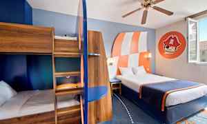 Ett hotellrum med ett våningssäng i trä, en dubbelsäng, dekor i blått och orange samt en väggmålning med piratmotiv. (AI-genererad text)