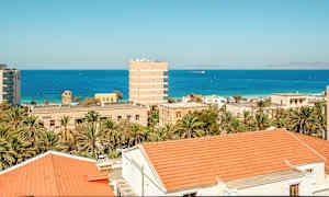 Utsikt över byggnader med röda tak, palmer och ett blått hav i bakgrunden. (AI-genererad text)