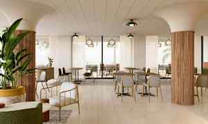 En modern restaurangmiljö med bord och stolar, pelare och växter. (AI-genererad text)