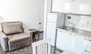 Ett kök och vardagsrum med en beige fåtölj, ett soffbord, ett kylskåp och en diskbänk. (AI-genererad text)