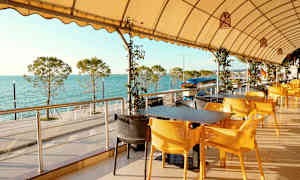 En uteservering med gula stolar och utsikt över havet och träd. (AI-genererad text)