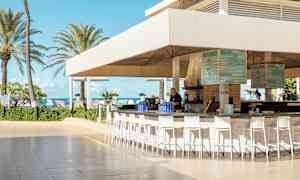 En bar utomhus med tak och höga stolar, belägen nära stranden med palmer och blå himmel i bakgrunden. (AI-genererad text)