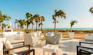 En terrass med sittplatser, palmer och utsikt över havet. (AI-genererad text)