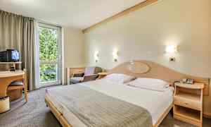 Hotelrum med en stor säng, en fåtölj, ett skrivbord med en TV och ett fönster med utsikt över grönska. (AI-genererad text)