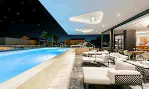 En modern terrass med utomhuspool, solstolar och sittmöbler under natthimlen. (AI-genererad text)