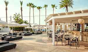 En utomhusservering med bord och stolar under ett vitt tak, omgiven av solstolar och parasoller. I bakgrunden ses palmer och blå himmel. (AI-genererad text)