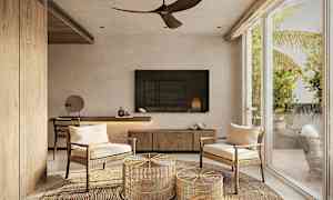 Modernt rum med stora fönster, två stolar, och en rottingmatta. (AI-genererad text)