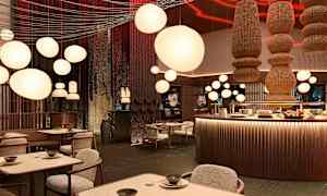 Bild av en elegant restauranginteriör med runda taklampor och stilfulla möbler. (AI-genererad text)