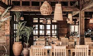 En restauranginredning med trädetaljer, växter och rottinglampor. (AI-genererad text)