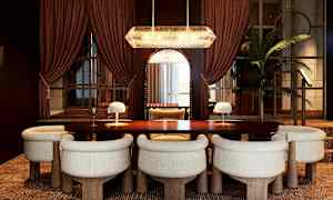 Ett elegant matrum med en mörk träbord omgiven av vitklädda stolar. Rummet har gardiner med varm brun nyans, en ljuskrona och bordslampor. (AI-genererad text)