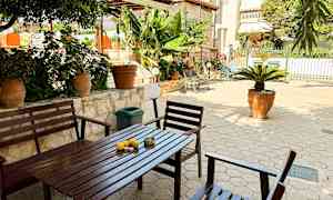 En uteplats med trädgårdsmöbler, krukväxter och gröna bananträd. (AI-genererad text)