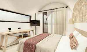 Modernt hotellrum med säng, skrivbord och fönster. (AI-genererad text)