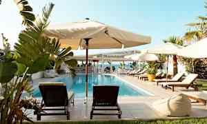 En pool omgiven av solstolar, parasoller och grönska. I bakgrunden syns havet och en byggnad. (AI-genererad text)