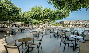 Utomhusområde med stolar och bord under träd nära en pool. (AI-genererad text)