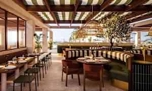 En modern restaurang med stilfull inredning och bord uppdukade för måltider. (AI-genererad text)