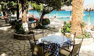 En uteservering vid en havsstrand, med bord och stolar under träd. (AI-genererad text)