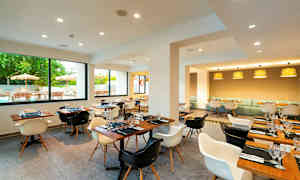 En modern restaurang med trämöbler, fönster med utsikt mot en uteservering och flera borddukningar. (AI-genererad text)