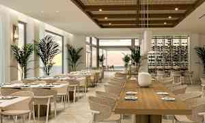 En modern restaurang med vita väggar, trämöbler och bord täckta med dukar. (AI-genererad text)