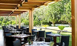 En utomhusrestaurang med dukade bord och utsikt över en trädgård med palmer. (AI-genererad text)