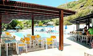 Utomhuspoolområde med solsängar, parasoller, bord och stolar under skuggande tak. (AI-genererad text)