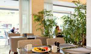 Ett café med bord som är dukade med tallrik innehållande frukt, koppar och kryddbehållare, omgivet av grön växtlighet. (AI-genererad text)