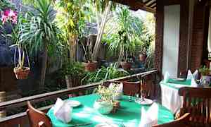 Ett utomhusområde med bord och stolar på en terrass, dekorerade med gröna dukar, tallrikar och servetter. Bakgrunden domineras av grön växtlighet och hängande växter. (AI-genererad text)