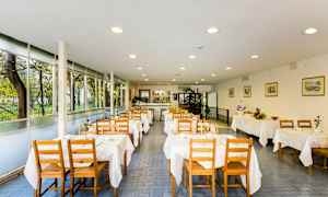 Ett ljust restaurangutrymme med trästolar och bord klädda i vita dukar. Fönster längs ena sidan ger utsikt mot grönska. (AI-genererad text)