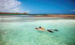 Två personer snorklar i turkost vatten. (AI-genererad text)