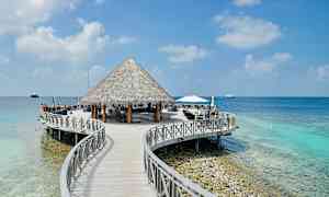 En träbrygga leder till en hydda vid havet. (AI-genererad text)