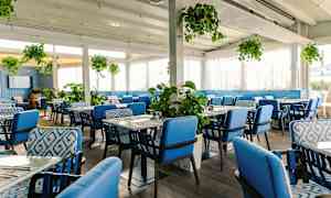 En restauranginteriör med blå stolar och gröna växter. (AI-genererad text)