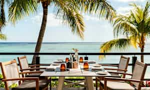 Ett dukat bord med sittplatser står vid en terrass med utsikt över havet och omgivande palmer. (AI-genererad text)