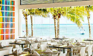 Ett restaurangutrymme med dukade bord, stora glasfönster som vätter mot palmer och havet utanför. (AI-genererad text)
