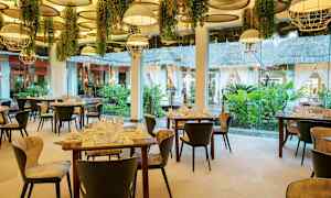 Interiör av en elegant restaurang med dekorerade bord och stolar, hängande lampor och växter, samt stora fönster som vetter mot en lummig trädgård. (AI-genererad text)